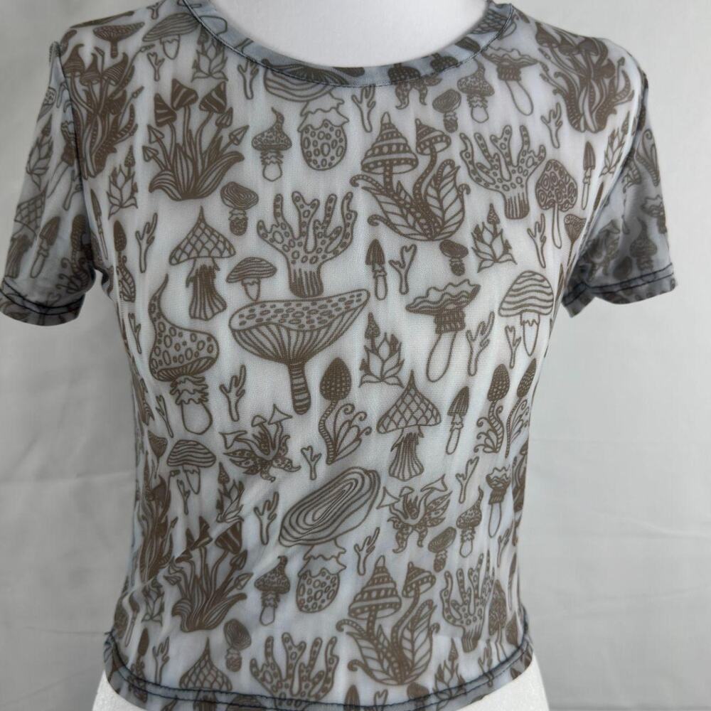 WoWo NWT Mushroom & Botanical Mesh Tee – Sheer Y2K Layering Top SZ Medium